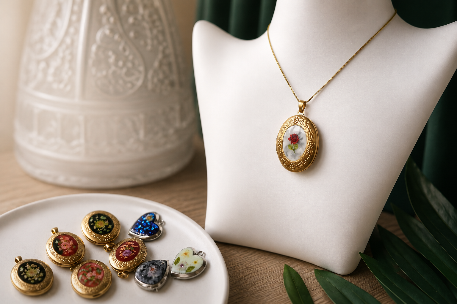 Handmade lockets laid out on a workshop table at The Locket Workshop in Como, Lake Como